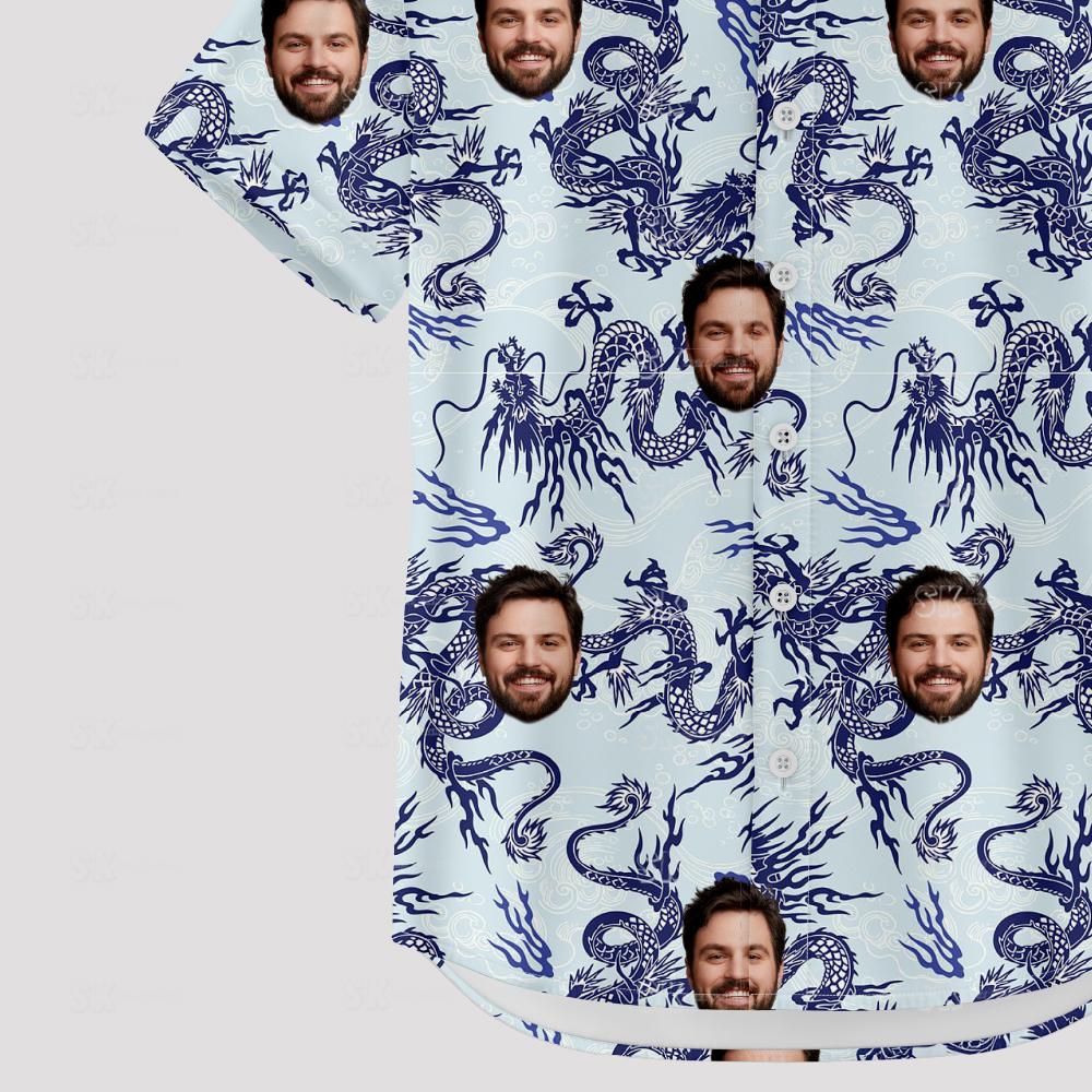 mens white hawaiian shirt with blue dragon patterns and custom face design