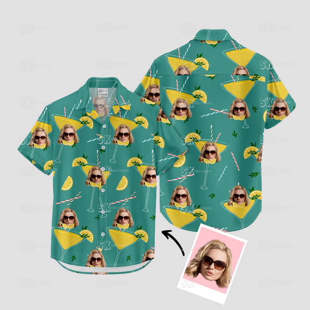 Mint green Hawaiian shirt with woman face in cocktail glass, teal background