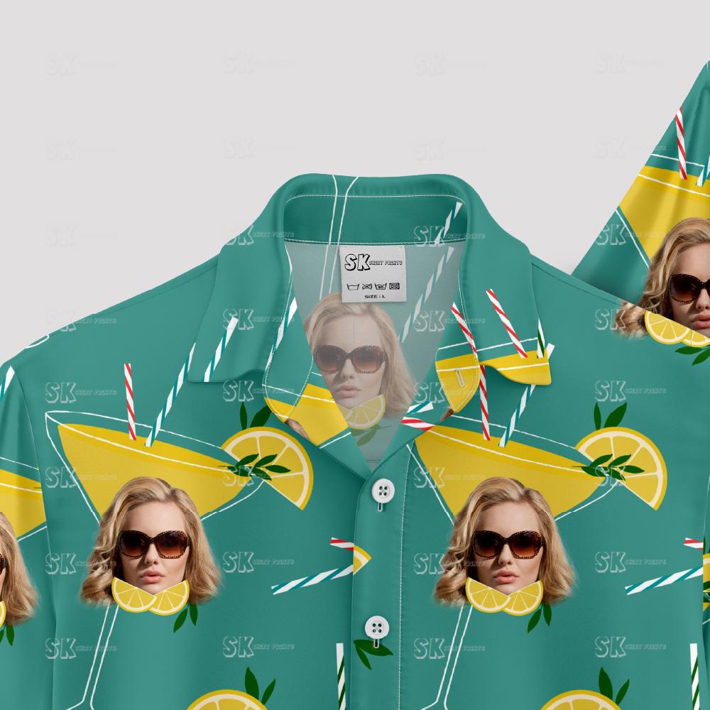 Mint green Hawaiian shirt with woman face in cocktail glass, teal background