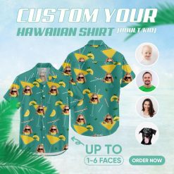 Mint green Hawaiian shirt with woman face in cocktail glass, teal background