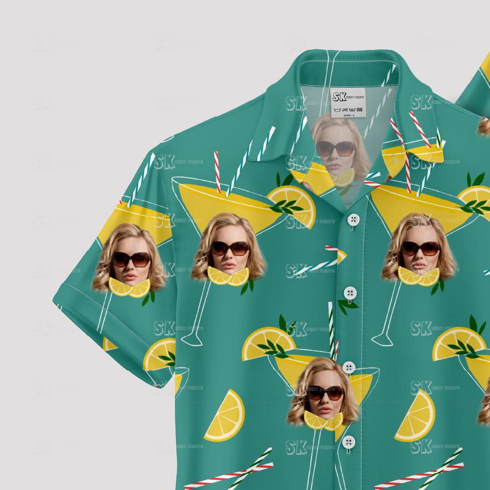 Mint green Hawaiian shirt with woman face in cocktail glass, teal background