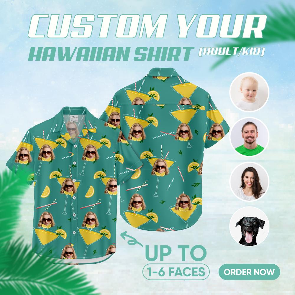 Mint green Hawaiian shirt with woman face in cocktail glass, teal background