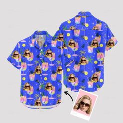 Purple hawaiian shirt with sunglasses face, cocktails, citrus, palm leaves