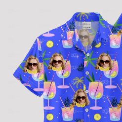 Purple hawaiian shirt with sunglasses face, cocktails, citrus, palm leaves
