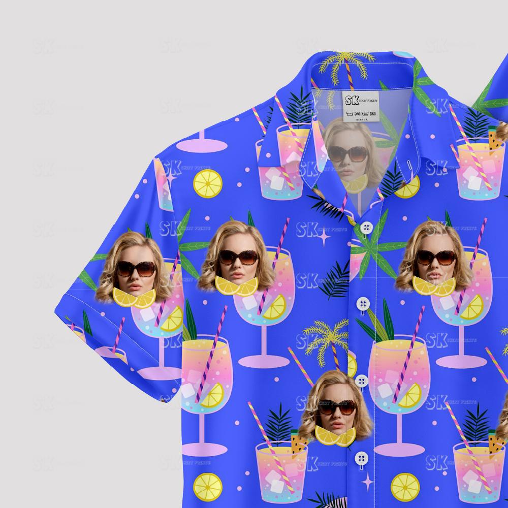 Purple hawaiian shirt with sunglasses face, cocktails, citrus, palm leaves