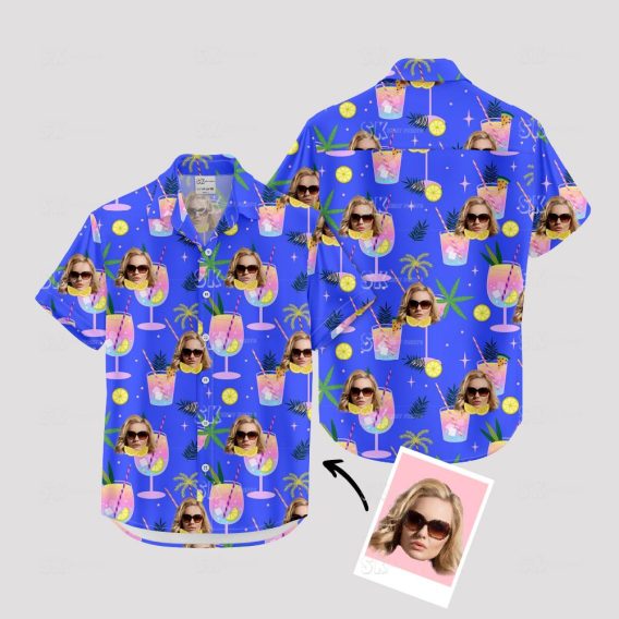 Purple hawaiian shirt with sunglasses face, cocktails, citrus, palm leaves