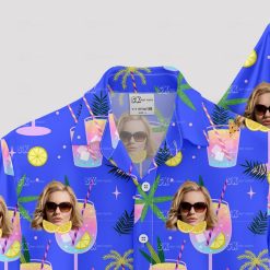 Purple hawaiian shirt with sunglasses face, cocktails, citrus, palm leaves