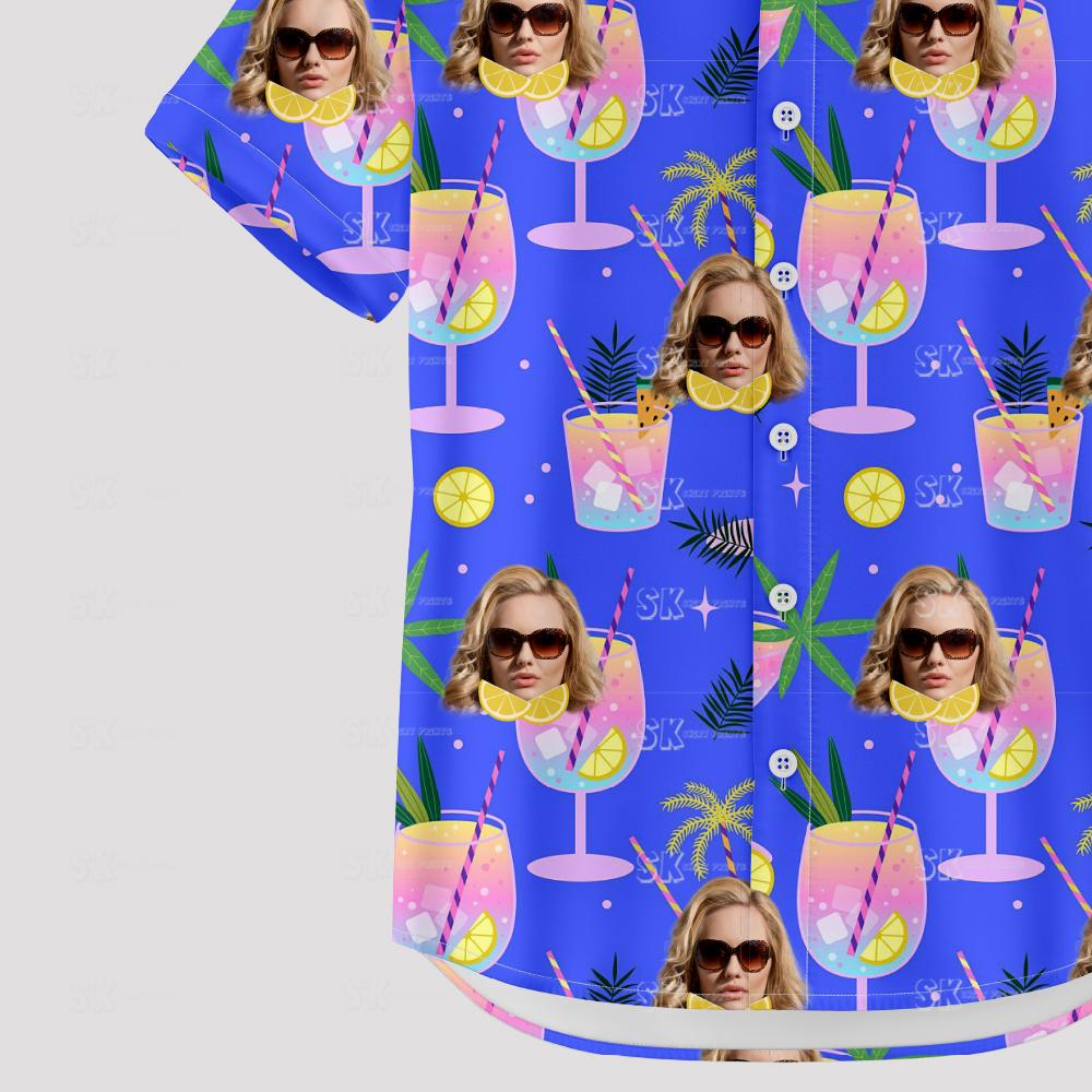 Purple hawaiian shirt with sunglasses face, cocktails, citrus, palm leaves