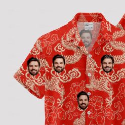 Red hawaiian shirt mens with golden dragons, clouds, and personalized faces