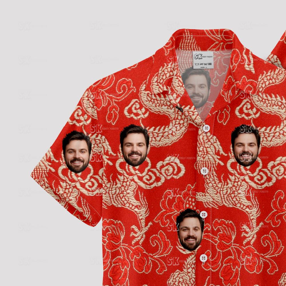 Red hawaiian shirt mens with golden dragons, clouds, and personalized faces