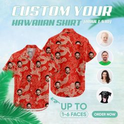 Red hawaiian shirt mens with golden dragons, clouds, and personalized faces