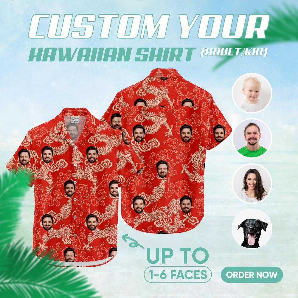 Red hawaiian shirt mens with golden dragons, clouds, and personalized faces