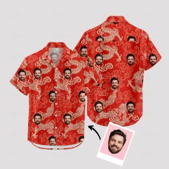 Red hawaiian shirt mens with golden dragons, clouds, and personalized faces