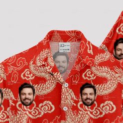 Red hawaiian shirt mens with golden dragons, clouds, and personalized faces