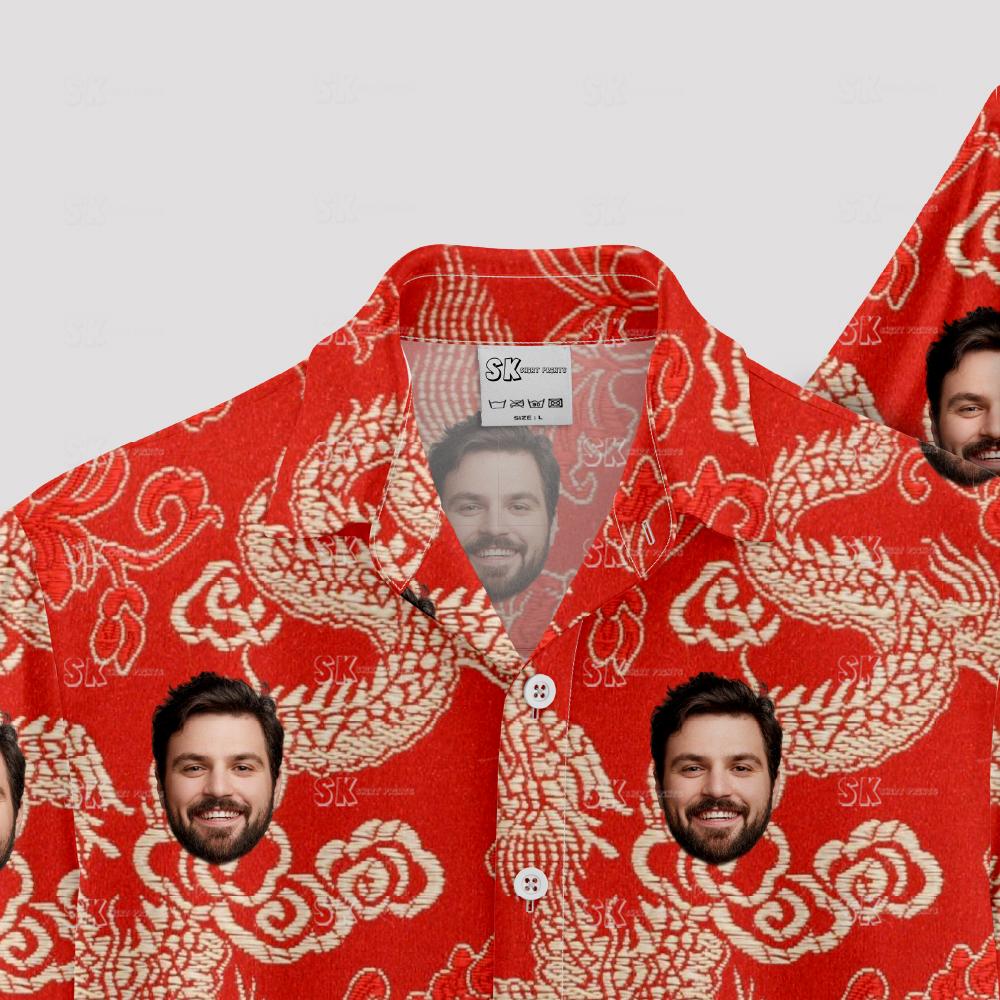 Red hawaiian shirt mens with golden dragons, clouds, and personalized faces