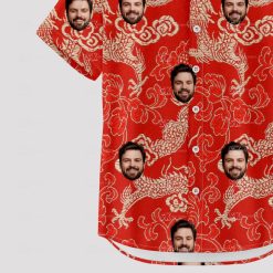 Red hawaiian shirt mens with golden dragons, clouds, and personalized faces