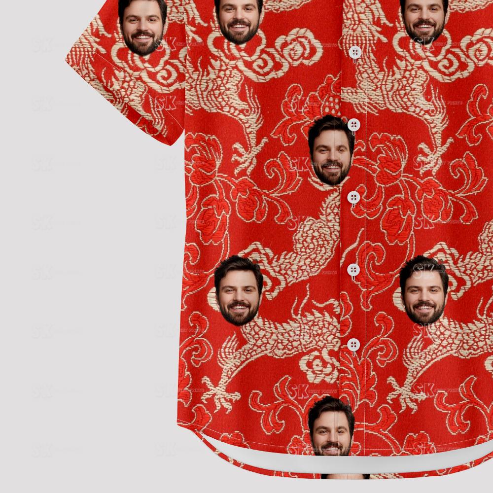 Red hawaiian shirt mens with golden dragons, clouds, and personalized faces