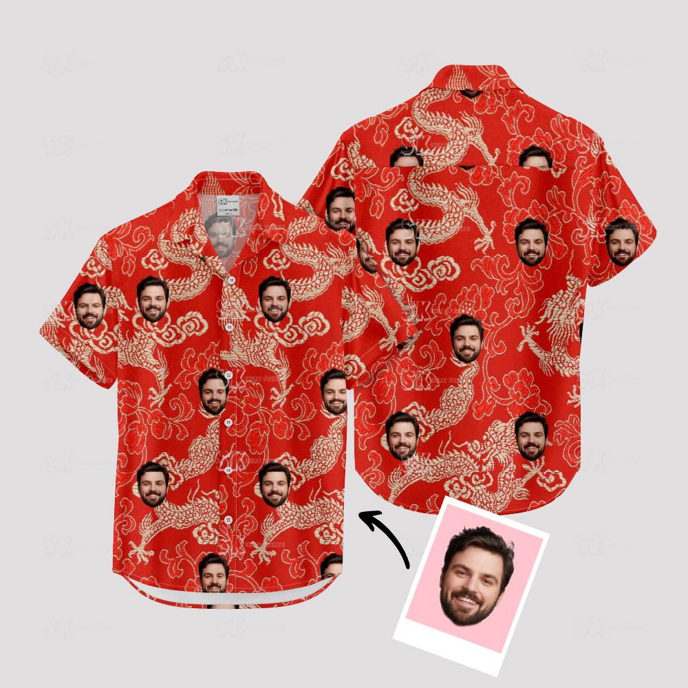 Red hawaiian shirt mens with golden dragons, clouds, and personalized faces