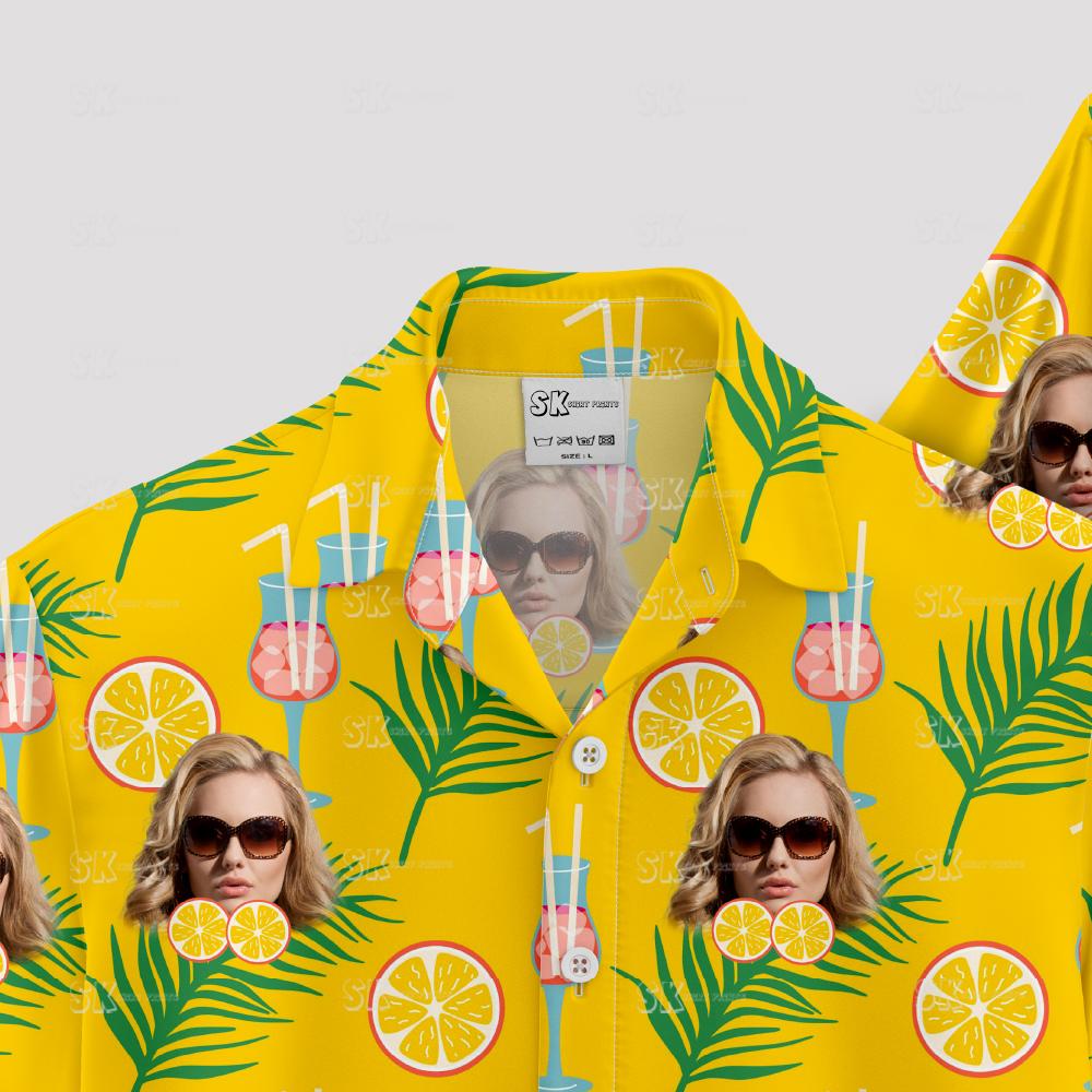 Yellow Hawaiian shirt with woman's face, citrus, palm leaves, cocktails
