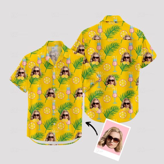 Yellow Hawaiian shirt with woman's face, citrus, palm leaves, cocktails