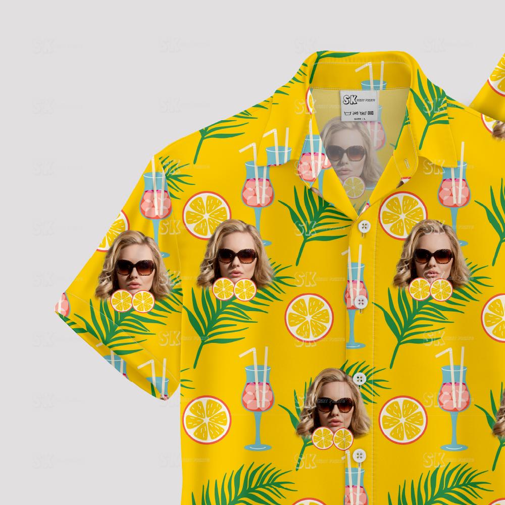 Yellow Hawaiian shirt with woman's face, citrus, palm leaves, cocktails