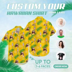 Yellow Hawaiian shirt with woman's face, citrus, palm leaves, cocktails