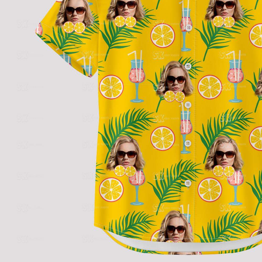 Yellow Hawaiian shirt with woman's face, citrus, palm leaves, cocktails