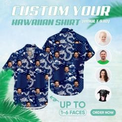 Blue aloha shirt with white dragons, clouds, waves, and face images