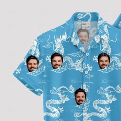Blue hawaiian shirt with white dragon pattern and custom face images