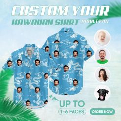Blue hawaiian shirt with white dragon pattern and custom face images