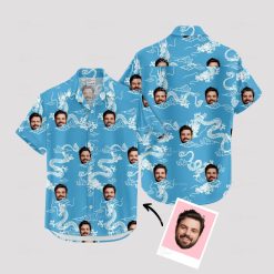 Blue hawaiian shirt with white dragon pattern and custom face images