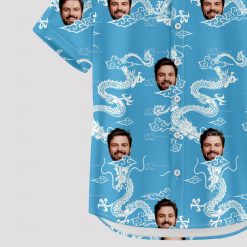 Blue hawaiian shirt with white dragon pattern and custom face images