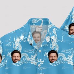Blue hawaiian shirt with white dragon pattern and custom face images