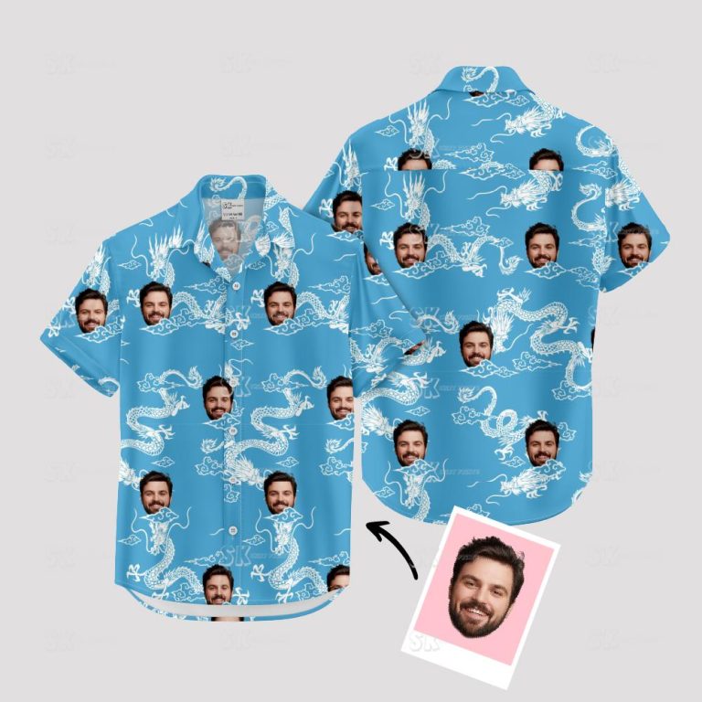 Custom Face Hawaiian Shirt Blue Dragon Pattern White Background Mens