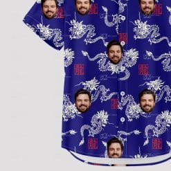 Custom Hawaiian Shirts with white dragons, blue background, and face images