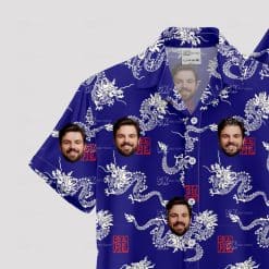 Custom Hawaiian Shirts with white dragons, blue background, and face images