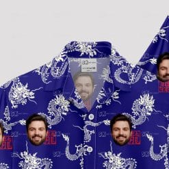 Custom Hawaiian Shirts with white dragons, blue background, and face images