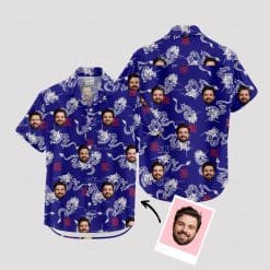 Custom Hawaiian Shirts with white dragons, blue background, and face images