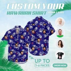 Custom Hawaiian Shirts with white dragons, blue background, and face images