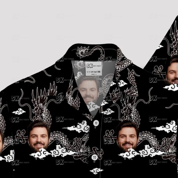 Custom Hawaiian Shirts with dragons, clouds, and man's face in monochrome