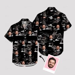 Custom Hawaiian Shirts with dragons, clouds, and man's face in monochrome