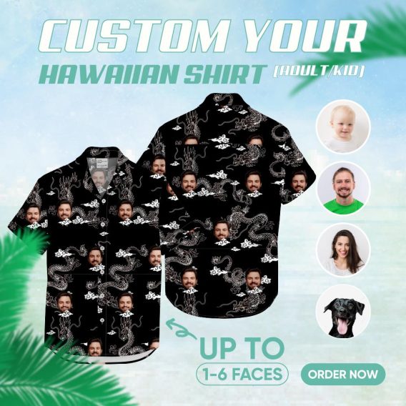Custom Hawaiian Shirts with dragons, clouds, and man's face in monochrome