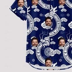 Custom Hawaiian Shirts with blue swirls, dragons, faces and circular motifs
