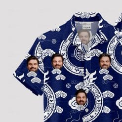 Custom Hawaiian Shirts with blue swirls, dragons, faces and circular motifs