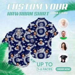 Custom Hawaiian Shirts with blue swirls, dragons, faces and circular motifs