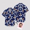 Custom Hawaiian Shirts with blue swirls, dragons, faces and circular motifs