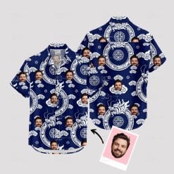 Custom Hawaiian Shirts with blue swirls, dragons, faces and circular motifs