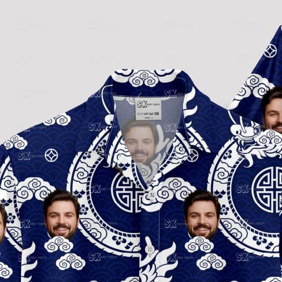 Custom Hawaiian Shirts with blue swirls, dragons, faces and circular motifs