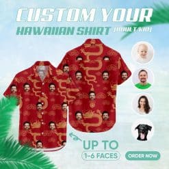 Custom Hawaiian Shirts with red, gold dragons, clouds, and face images