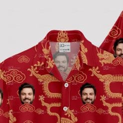 Custom Hawaiian Shirts with red, gold dragons, clouds, and face images